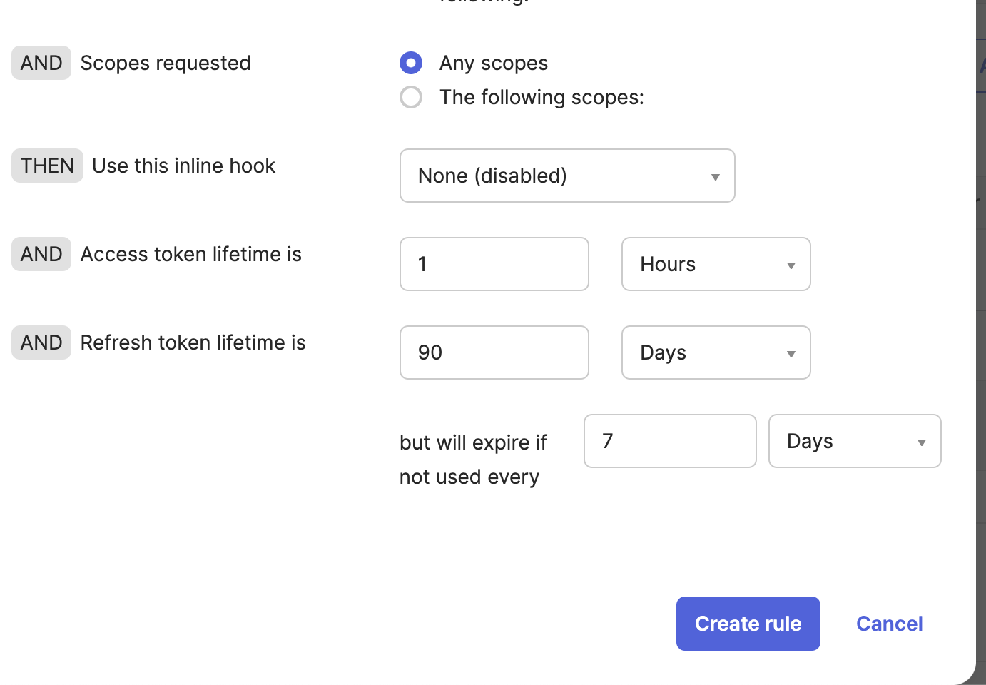 Toke lifetime settings in the API rule window